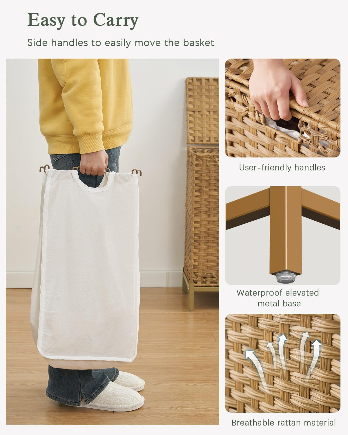 Laundry Hamper with Lid, 112 L Handwoven Rattan Wicker Laundry Basket, 2 Removable Liner Bags Metal Heightened Feet, 6 Mesh Bags, 2 Section Large Clothes Hamper for Bathroom Bedroom, Natural