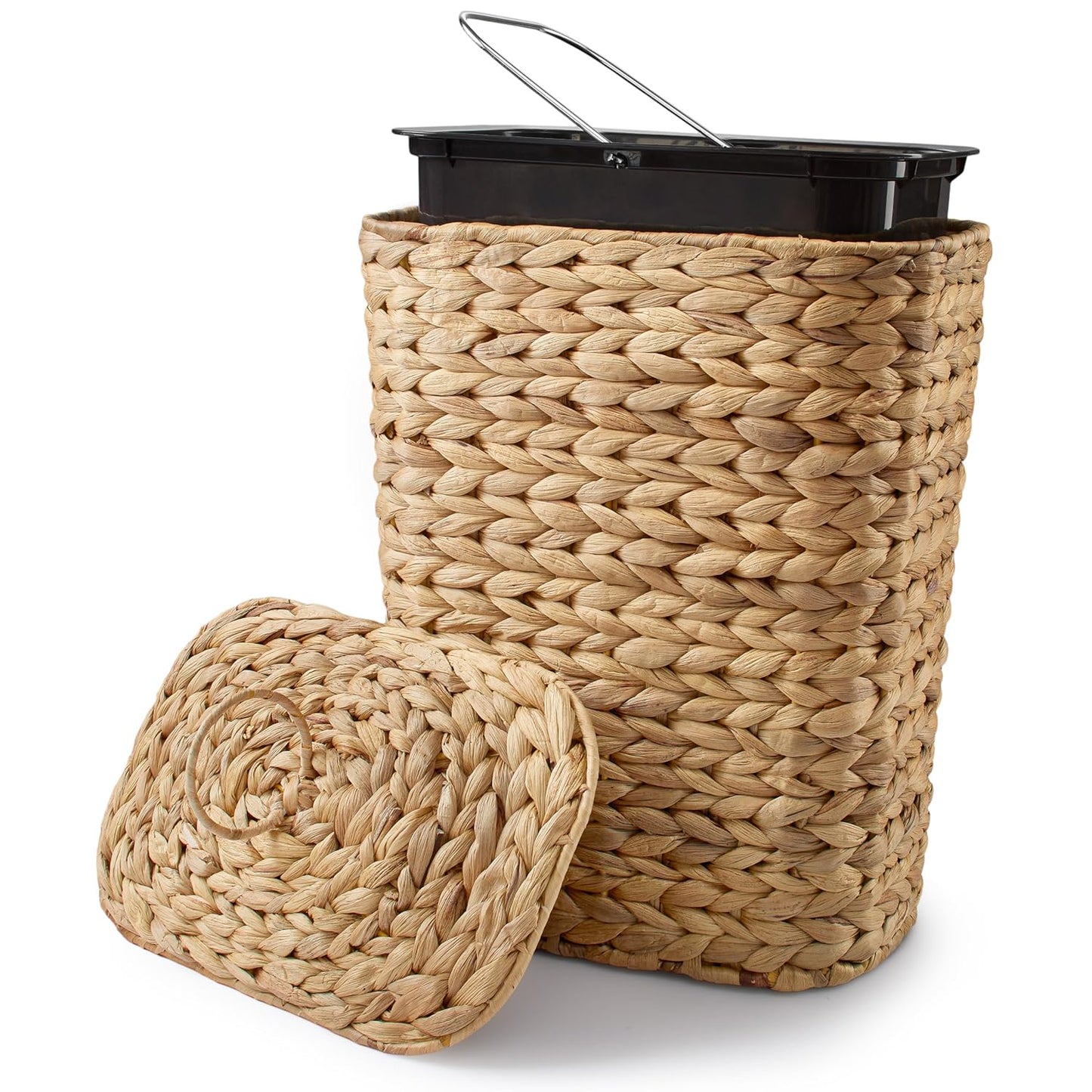 2 Gallons Wicker Waste Basket with Lid - Large Wicker Trash Can for Office - Waste Basket for Bedroom, Bathroom, Kitchen, Living Room - Boho Handwoven Trash Cans for Garbage (2 Gallons)