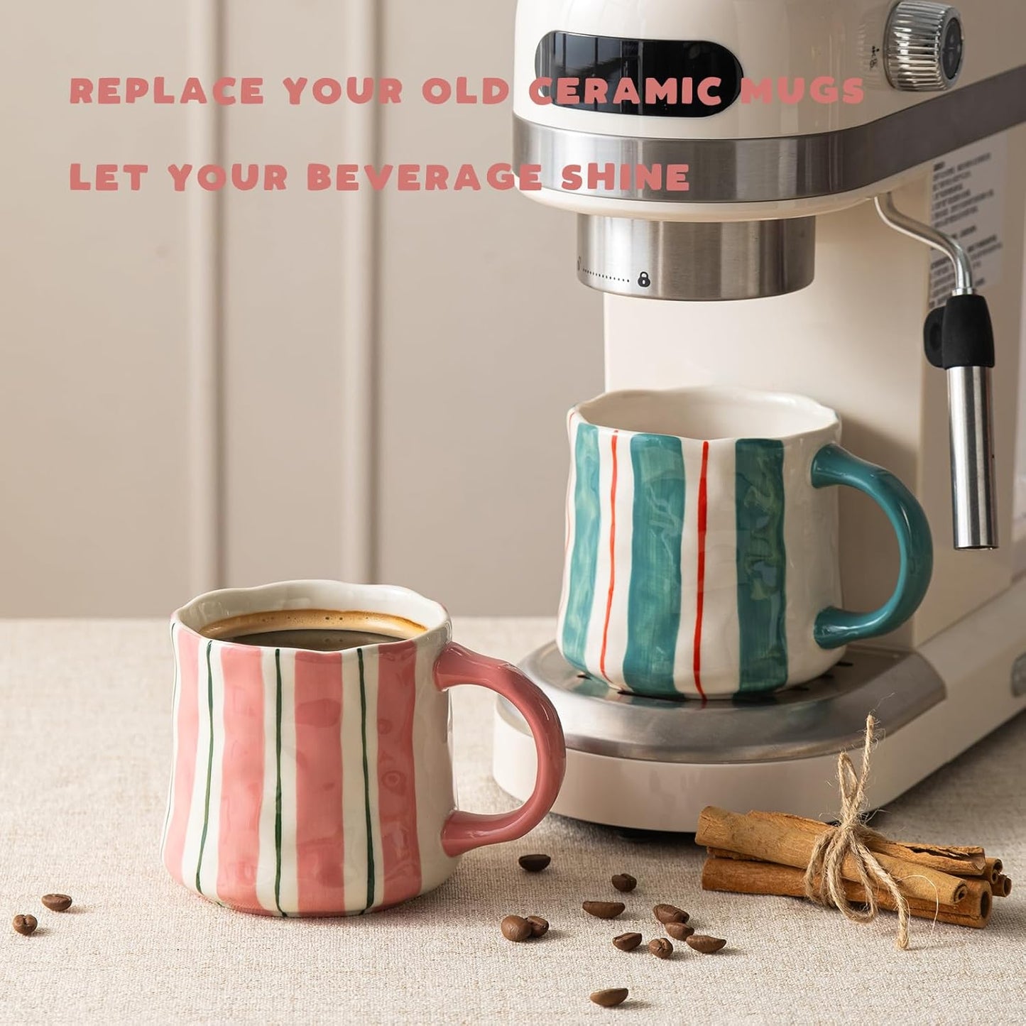Striped Ceramic Coffee Mugs Set - 2 Pack, Pink & Green,Perfect for Morning Brew or Tea and Cocoa - for Coffee Lovers