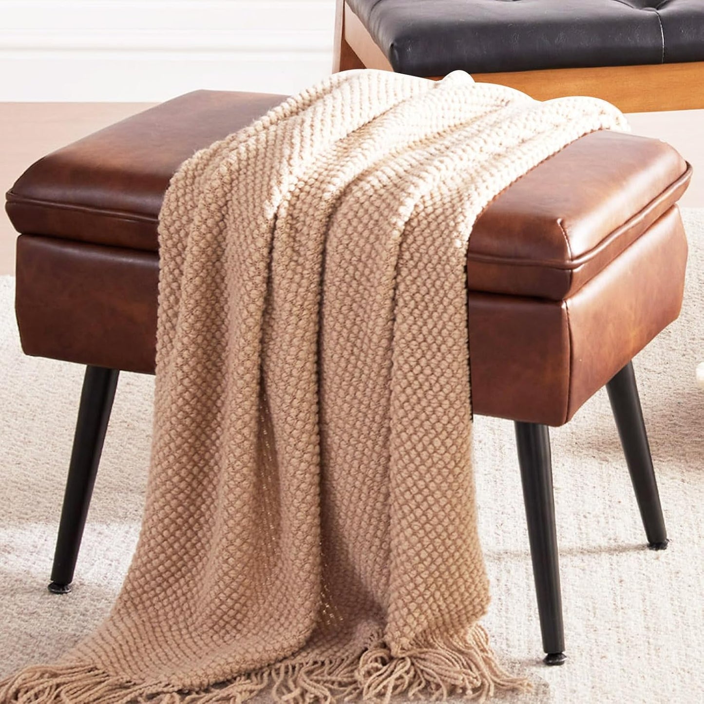 Storage Ottoman Upholstered Stool with Padded Seat, Tufted Vanity Stool with Metal Legs, Accent Stool, Faux Leather, Cognac Brown