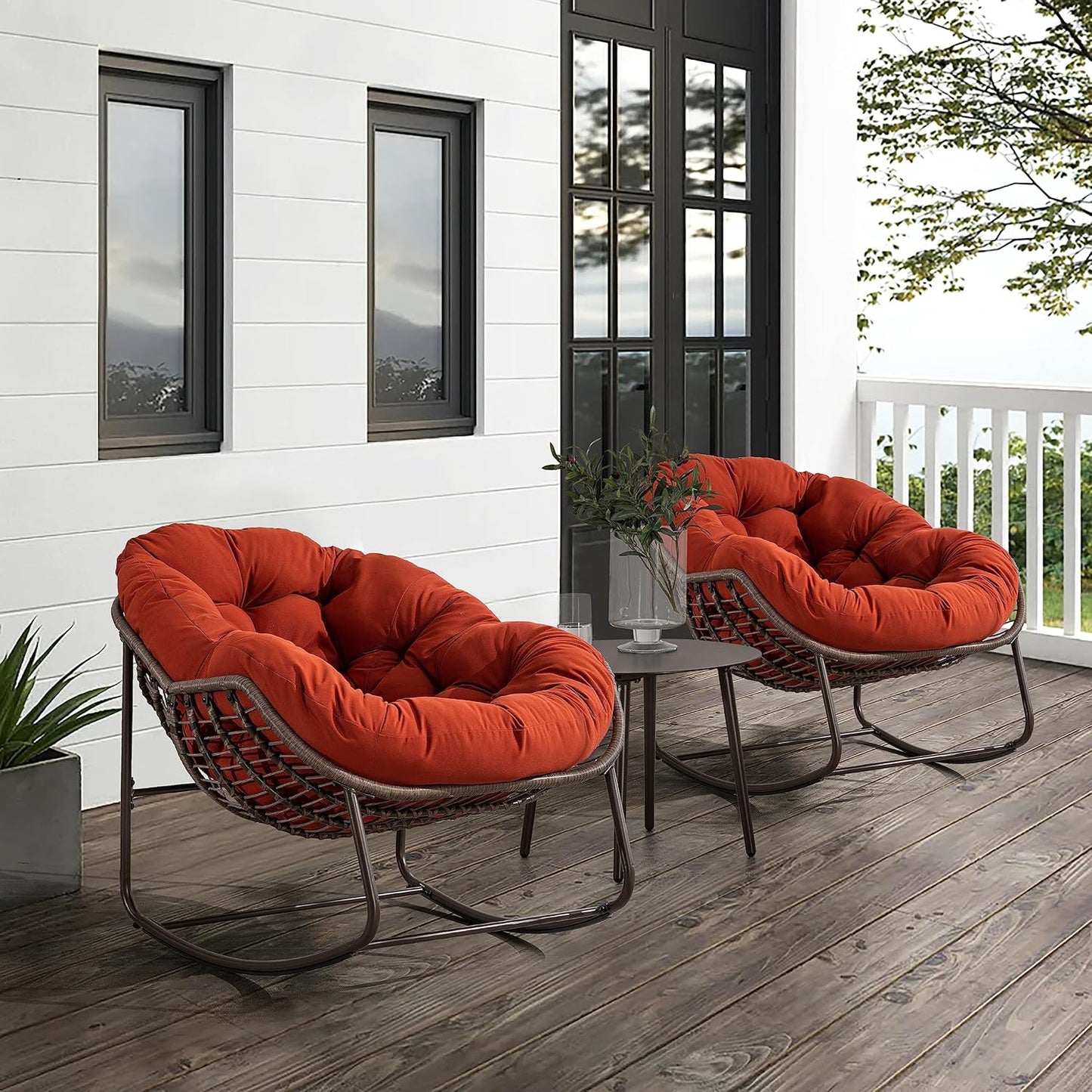 Large Indoor Outdoor Rocking Chair, Oversized Rocking Papasan Chair with Thick Cushion and Frame Outdoor Rocker, Comfy Wicker Egg Chairs Lounge for outside Porch Patio Backyard Balcony (Beige)