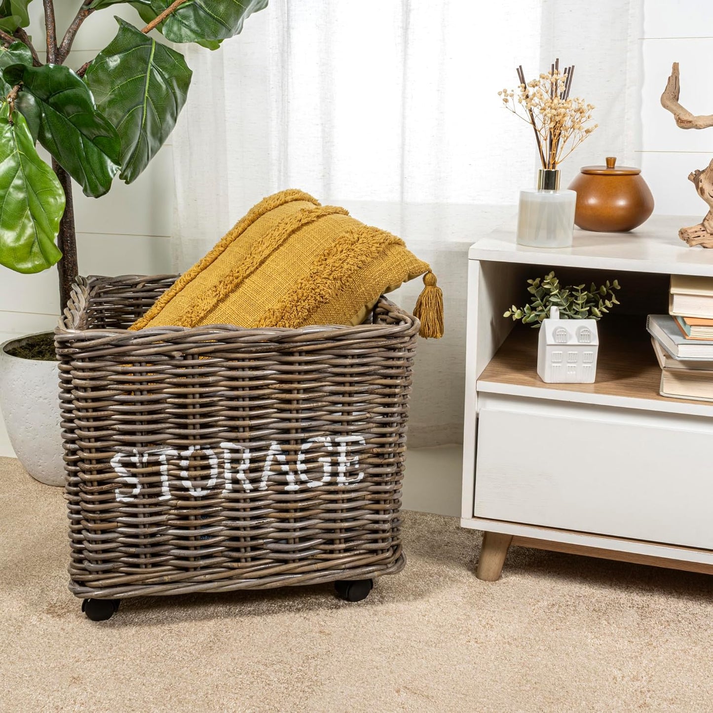 BSK1001A Yael Coastal Hand-Woven STORAGE Rattan Basket with Wheels and Handles for Storage and Decoration in Bedroom, Living Room, Laundry Room, Entryway, Kubu Gray
