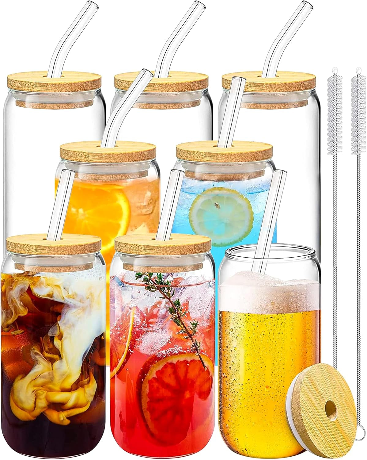 Drinking Glasses with Bamboo Lids and Glass Straw 2PCS Set, 16Oz Glass Cups with Lids and Straws, Beer, Iced Coffee Glasses, Soda, Gift 1 Cleaning Brushes
