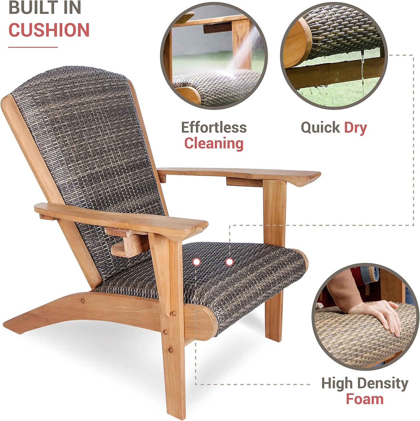 Auburn Padded Upholstered Outdoor Adirondack Chair, Teak Wood and All-Weather Wicker