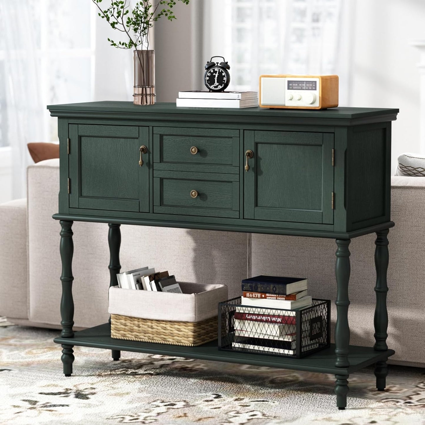 Console Table with 2 Drawers, Retro Entryway Table with 2 Door Cabinets and Open Storage Shelf, Narrow Long behind Couch Sofa Table for Living Room, Foyer, Hallway, Green