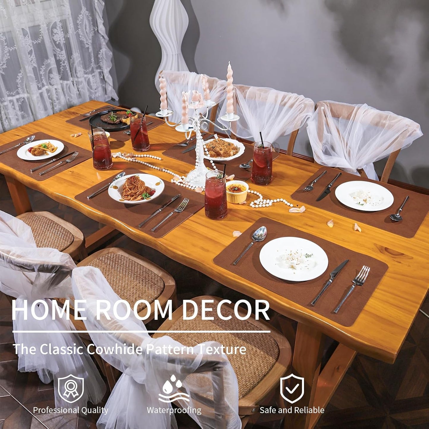 Cowhide Pattern Faux Leather Placemats Set of 6,Heat Resistant Non-Slip Waterproof Wipeable Washable Kitchen Dining PU Table Place Mats,Double-Sides Available,Dark Coffee