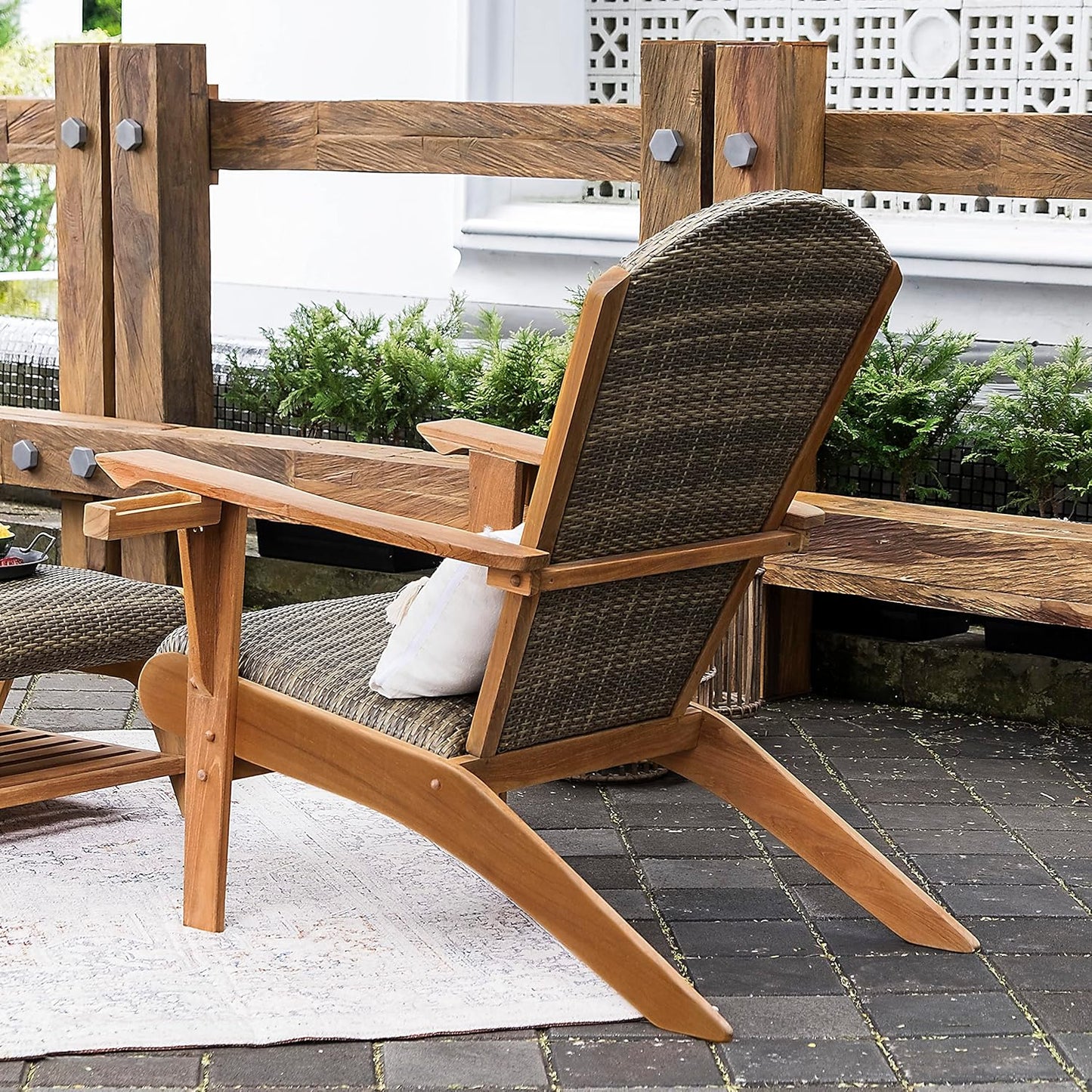 Auburn Padded Upholstered Outdoor Adirondack Chair, Teak Wood and All-Weather Wicker