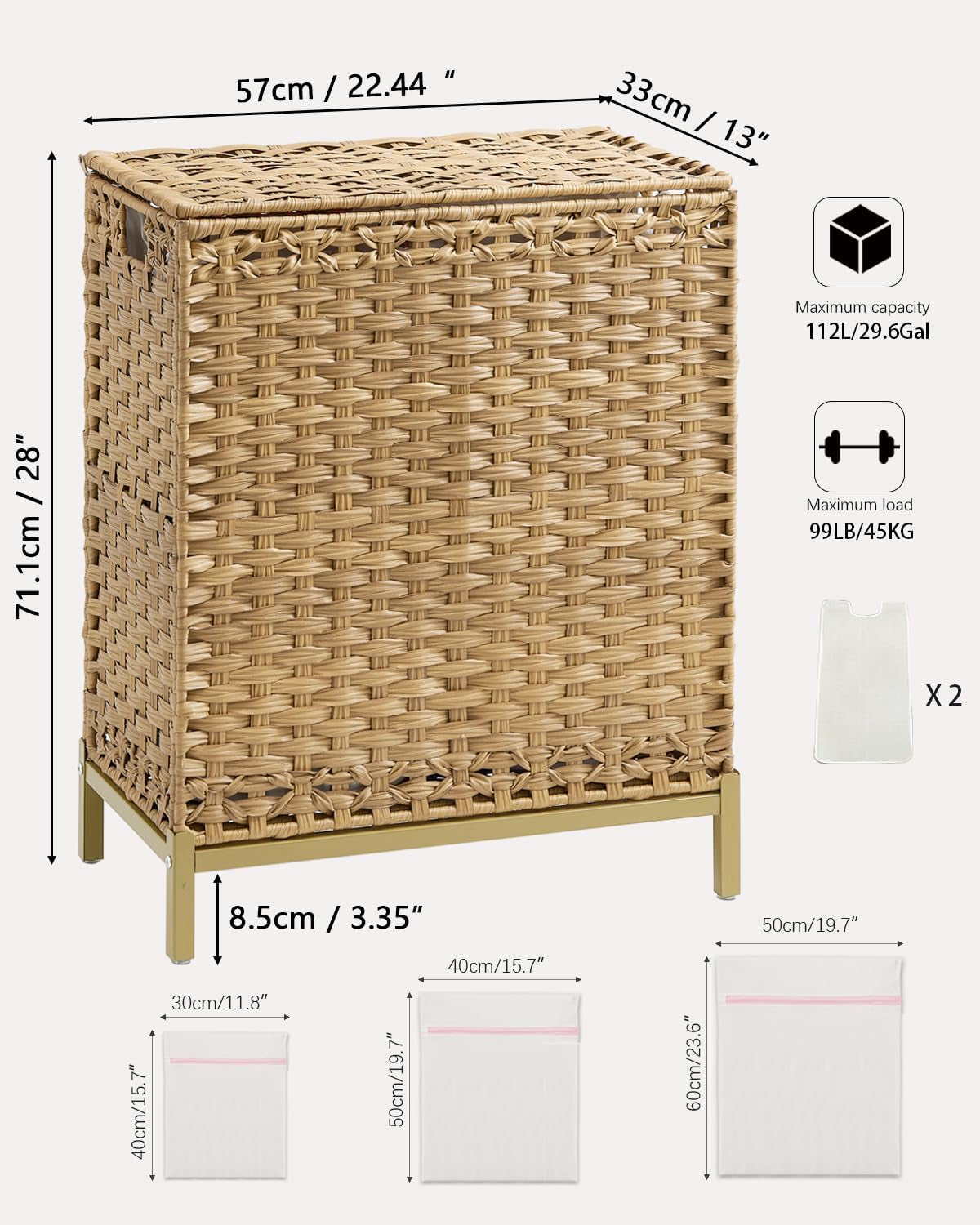 Laundry Hamper with Lid, 112 L Handwoven Rattan Wicker Laundry Basket, 2 Removable Liner Bags Metal Heightened Feet, 6 Mesh Bags, 2 Section Large Clothes Hamper for Bathroom Bedroom, Natural