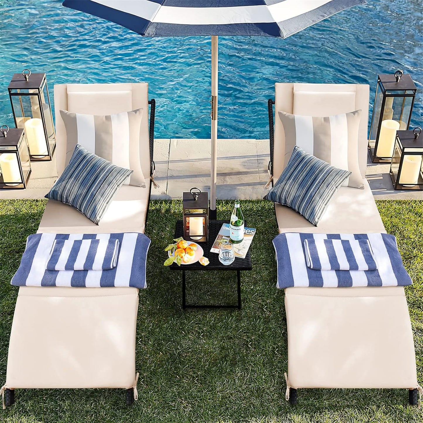 Lounge Chairs for outside 3 Pieces Patio Adjustable Chaise Lounge Outdoor Wicker Lounge Chairs Set of 2 with Table Folding Chaise Lounger for Poolside, Deck, Lawn (Beige)