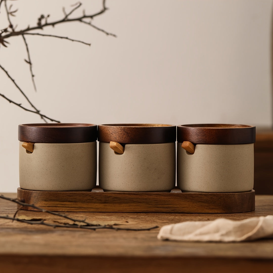 Minimalist Ceramic Spice Jar Set with Wooden Lid & Spoon