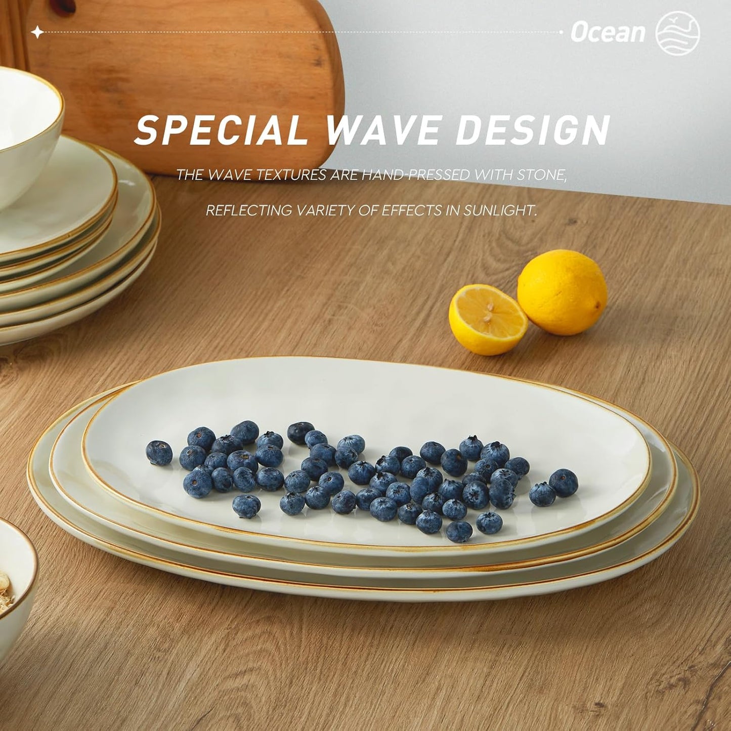 Serving Platter, Oval 15.59/14.3/12.9Inch Serving Dishes for Entertaining, Serving Bowls, Microwave Safe, Stoneware Serving Trays for Party, Food, Turkey, Cheese, Ocean Series, Vanilla White