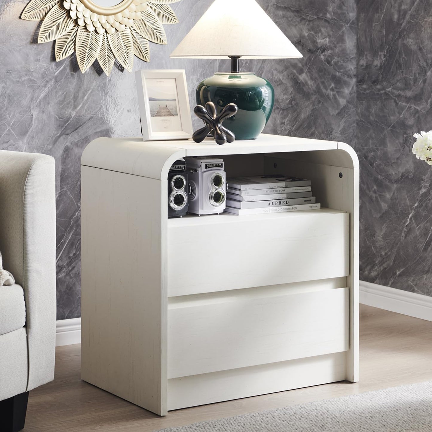 25" Tall Modern Nightstand with Charging Station, 23.6'' Wide Wood Bedside Table W/2 Storage Drawers, Large Mid Century End Table for Bedroom, Living Room, Curved Profile Design,Natural Oak
