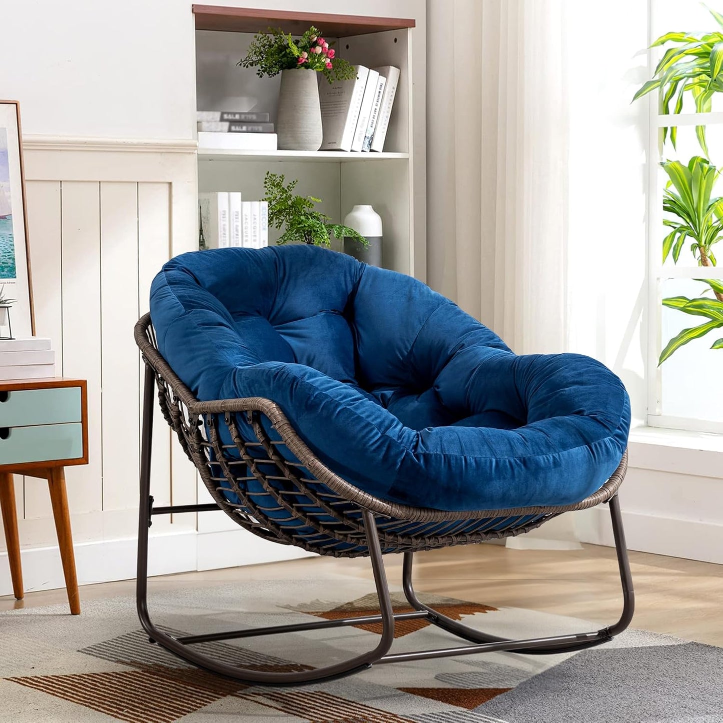 Large Indoor Outdoor Rocking Chair, Oversized Rocking Papasan Chair with Thick Cushion and Frame Outdoor Rocker, Comfy Wicker Egg Chairs Lounge for outside Porch Patio Backyard Balcony (Beige)