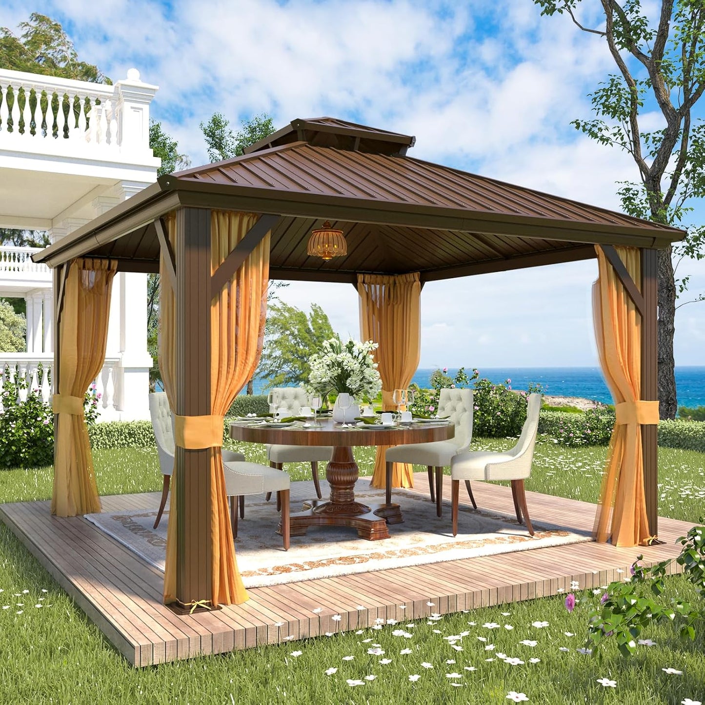 10' X 12' Hardtop Gazebo, Metal Gazebo with Aluminum Frame, Double Galvanized Steel Roof, Curtains and Netting Included, Pergolas for Patios, Garden, Parties, Lawns