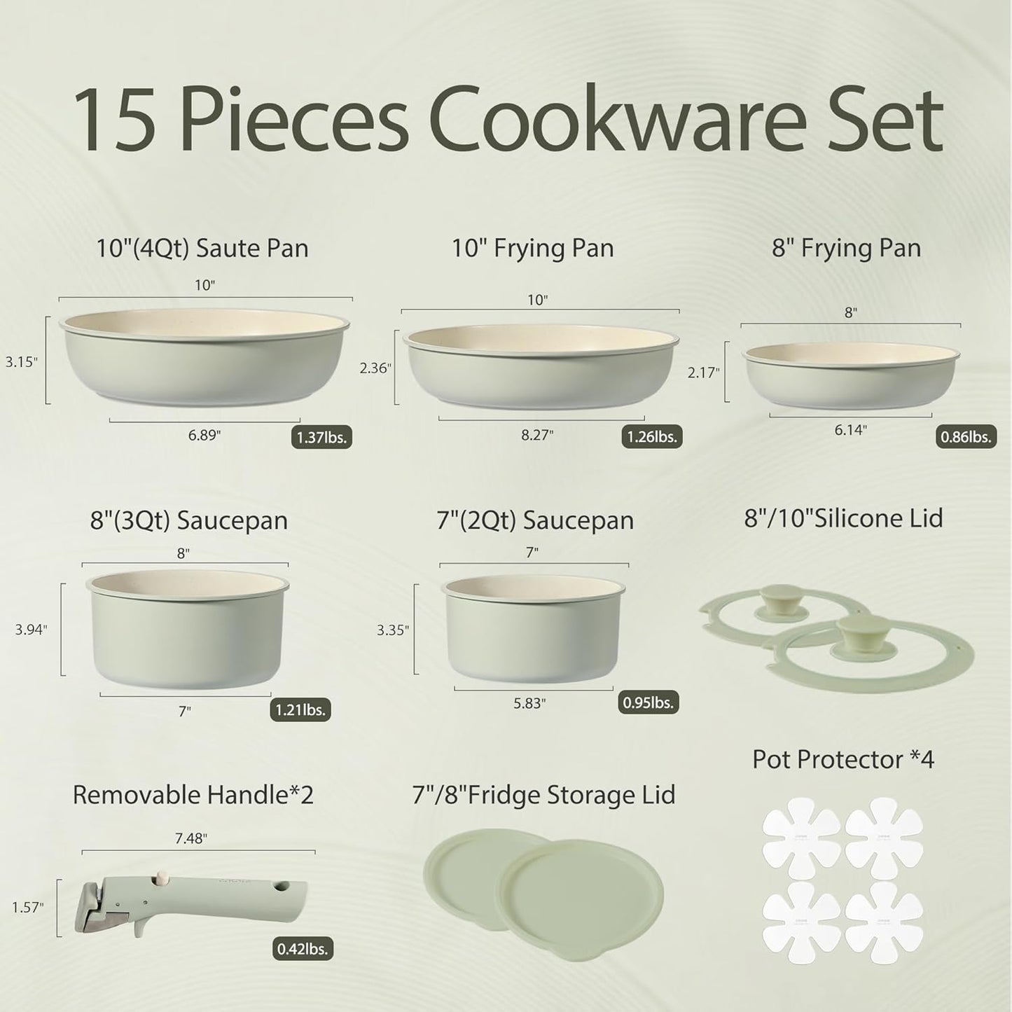 Pots and Pans Set, Nonstick Cookware Set Detachable Handle, 15Pcs Induction Kitchen Cookware Sets Non Stick with Removable Handle, RV Cookware Set, Oven Safe, Sage Green