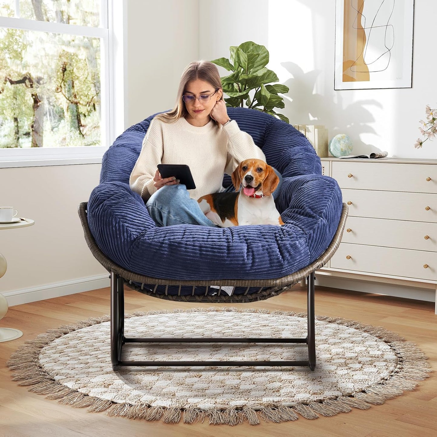 Large Indoor Outdoor Rocking Chair, Oversized Rocking Papasan Chair with Thick Cushion and Frame Outdoor Rocker, Comfy Wicker Egg Chairs Lounge for outside Porch Patio Backyard Balcony (Beige)