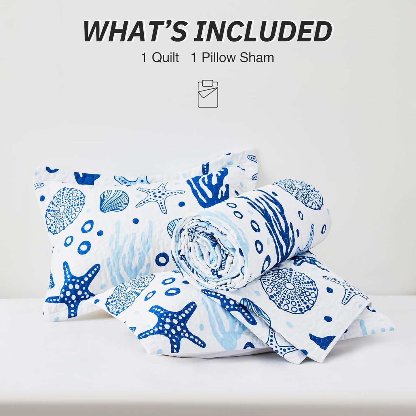 Twin Quilt Bedding Set Coastal White Bedspreads - Soft Bed Summer Beach Nautical Quilt Lightweight Bedspread- Reversible Bedding Coverlet for All Season - 2 Piece (1 Quilt, 1 Pillow Sham)