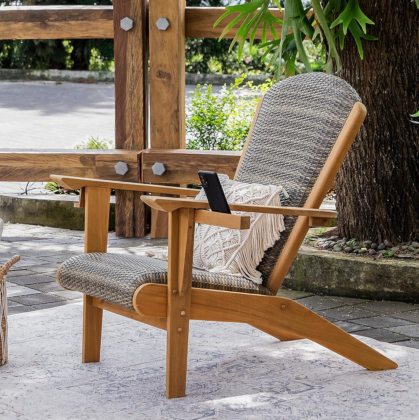 Auburn Padded Upholstered Outdoor Adirondack Chair, Teak Wood and All-Weather Wicker