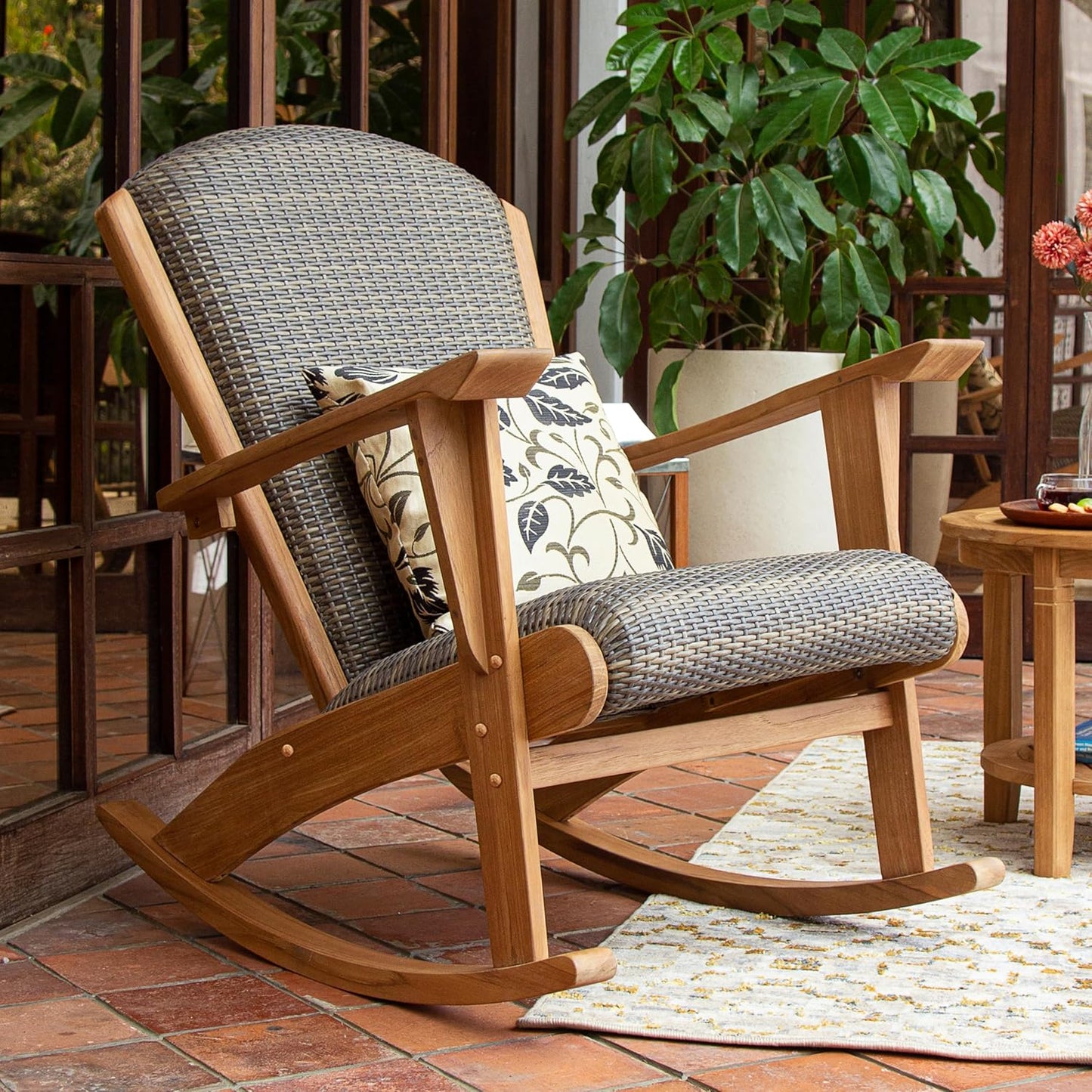 Auburn Padded Upholstered Outdoor Adirondack Chair, Teak Wood and All-Weather Wicker
