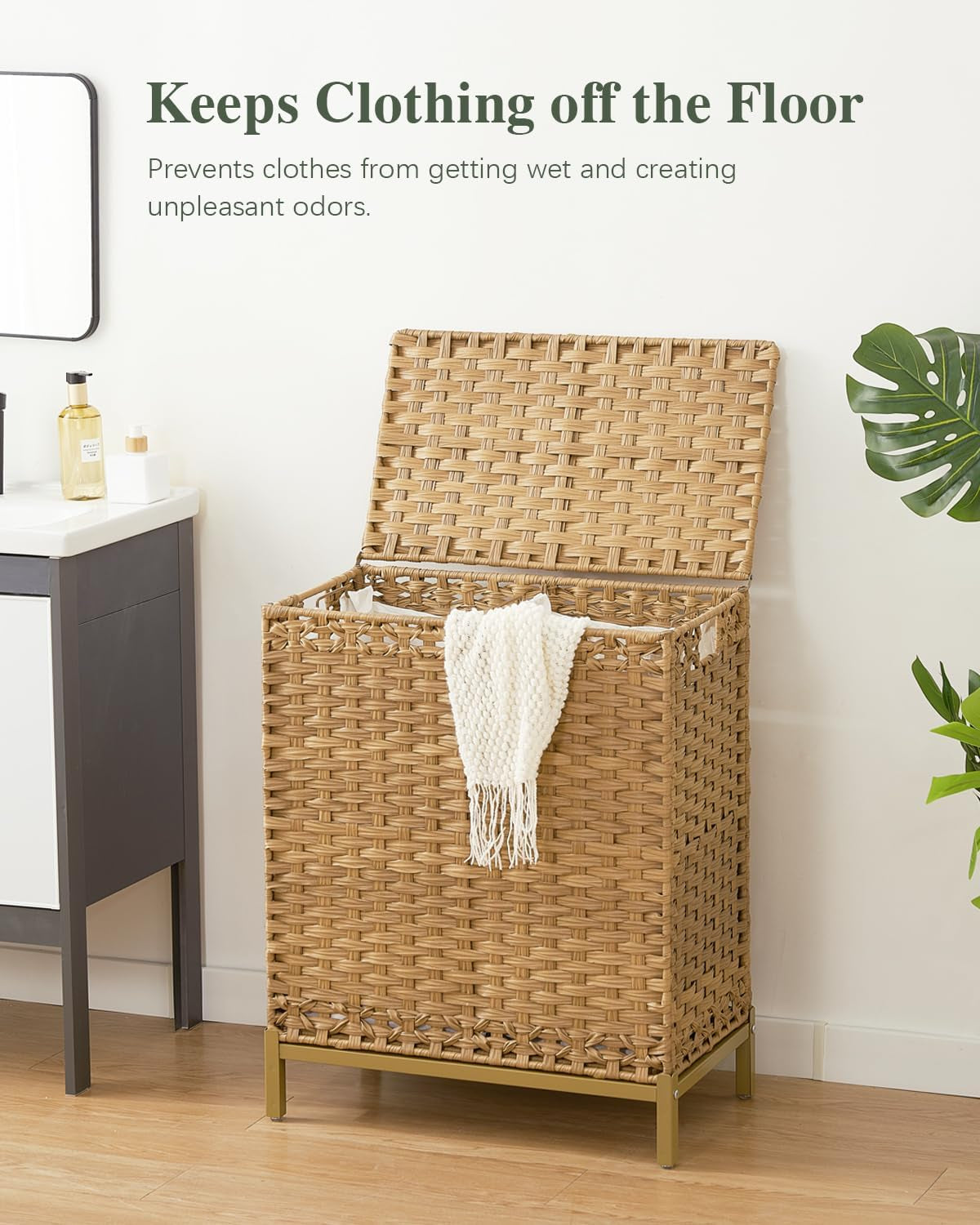 Laundry Hamper with Lid, 112 L Handwoven Rattan Wicker Laundry Basket, 2 Removable Liner Bags Metal Heightened Feet, 6 Mesh Bags, 2 Section Large Clothes Hamper for Bathroom Bedroom, Natural