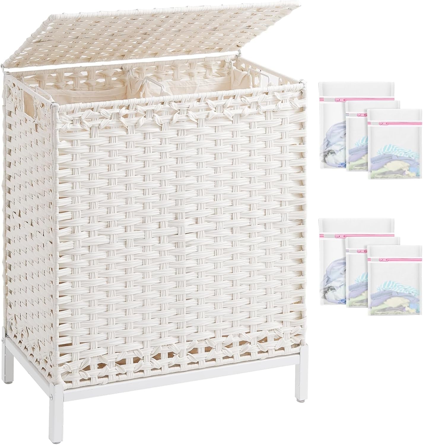 Laundry Hamper with Lid, 112 L Handwoven Rattan Wicker Laundry Basket, 2 Removable Liner Bags Metal Heightened Feet, 6 Mesh Bags, 2 Section Large Clothes Hamper for Bathroom Bedroom, Natural