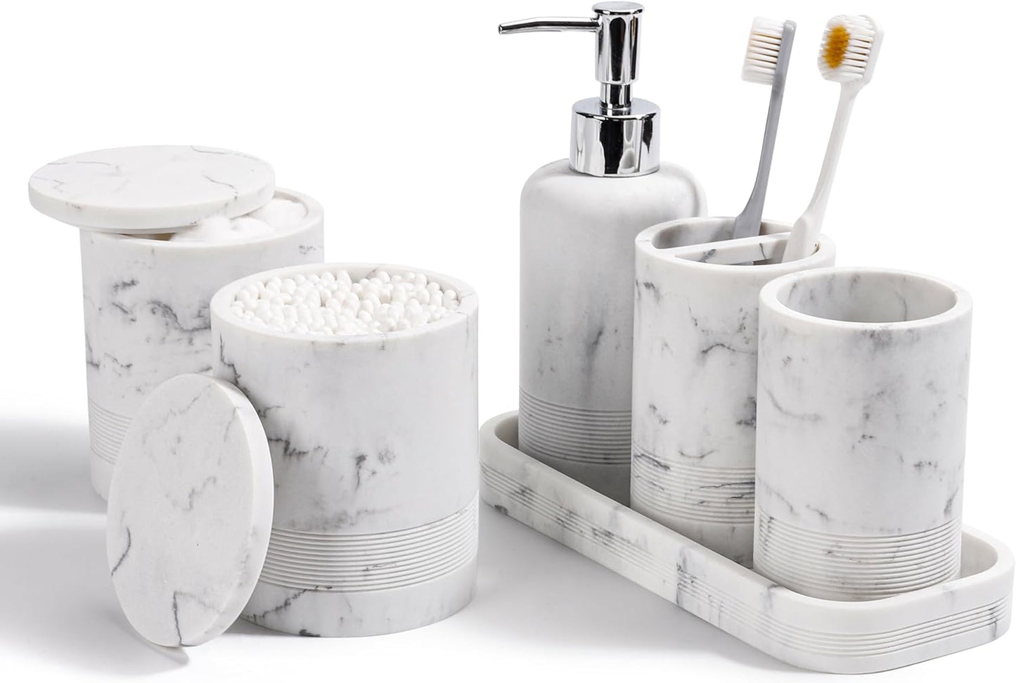 Bathroom Accessories Set, 6-Piece Bathroom Accessory Set, Toothbrush Holders Set, Soap Dispenser, Vanity Tray, Tumbler, Cotton Swab Jars, Bathroom Organizer for Modern Bathrooms(Beige)