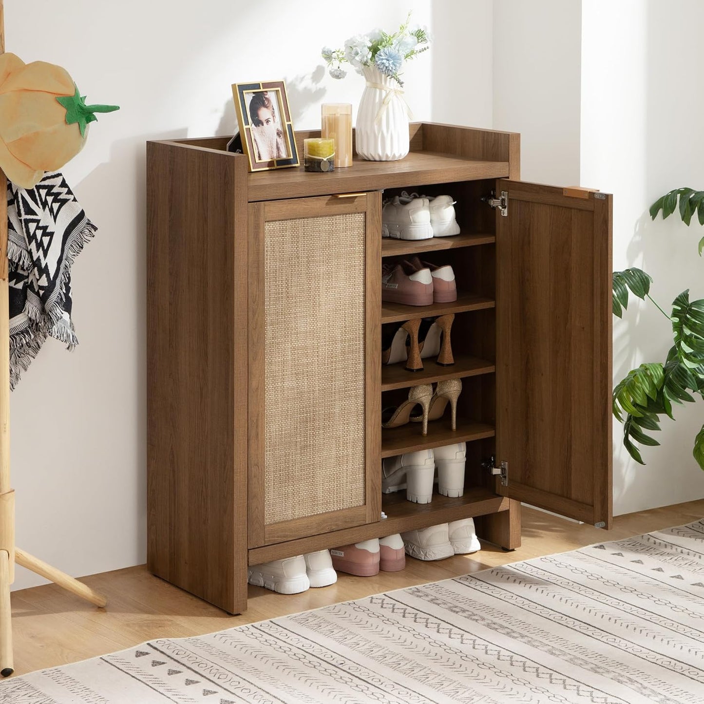 Shoe Cabinet, 24 Pair Shoe Storage Organizer Cabinet, 41" Tall Rattan Shoe Cabinet with Doors and Shelves, 6-Tier Farmhouse Boho Wooden Storage Cabinet for Entryway Hallway Closet