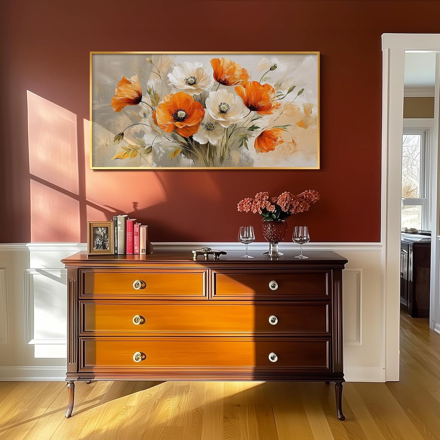 Extra Large Framed Floral Wall Art for Living Room, Colorful Bright Orange and White Flowers Canvas Artwork for Walls, Contemporary Blossom Watercolor Painting Picture Prints for Bedrooom Hallway 30X60 Inch