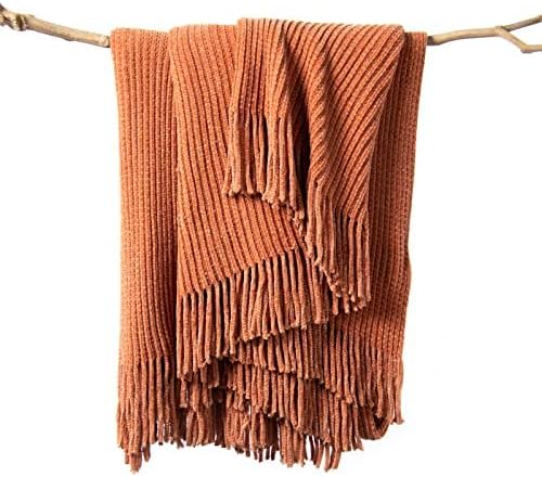 Throw Blanket for Couch, Soft Boho Bed Throw,Cozy Burnt Orange Chenille Knitted Small Spring Lightweight Throw(Rust,50 * 60")