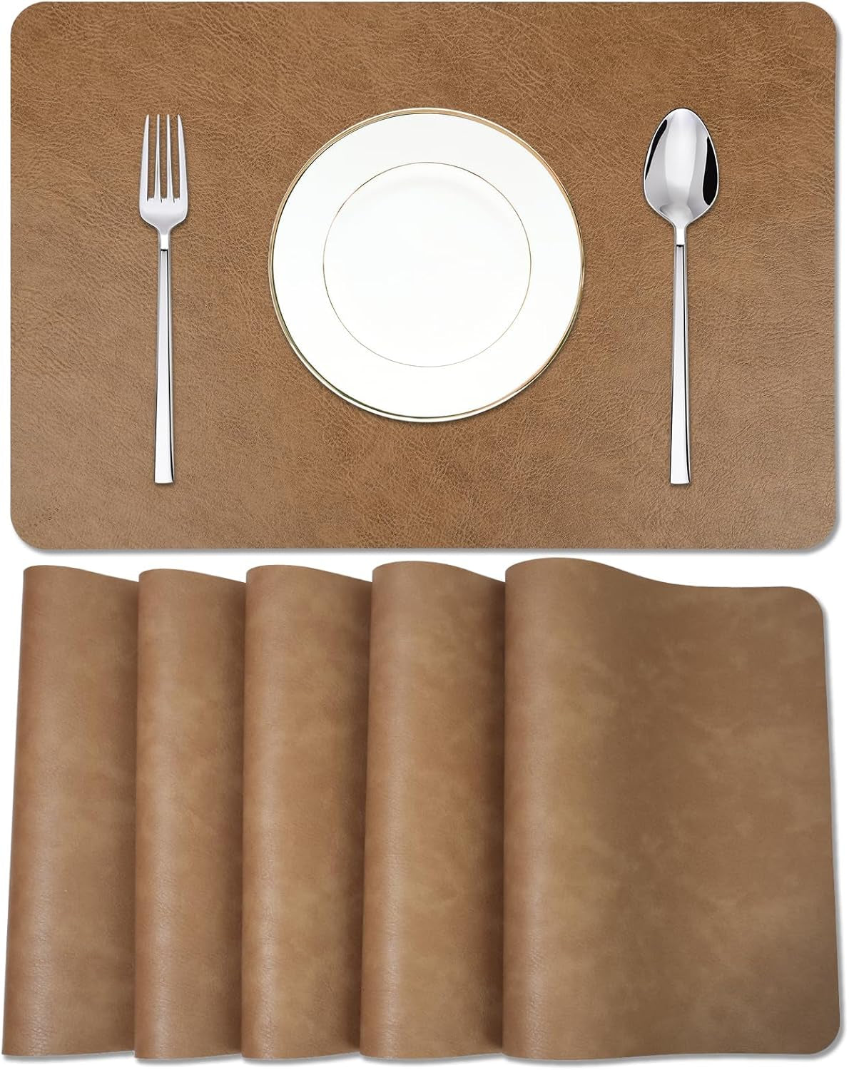 Cowhide Pattern Faux Leather Placemats Set of 6,Heat Resistant Non-Slip Waterproof Wipeable Washable Kitchen Dining PU Table Place Mats,Double-Sides Available,Dark Coffee
