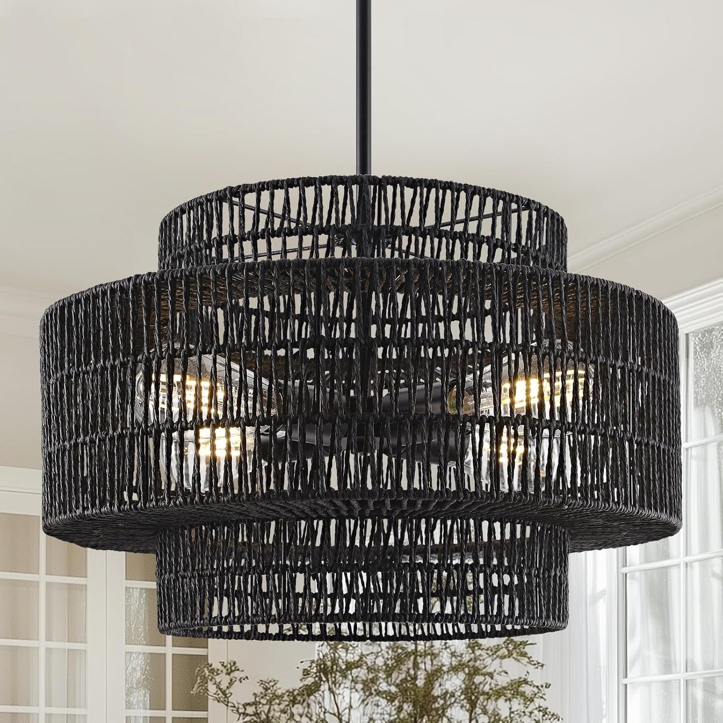 4-Light Boho Rattan Chandelier Light Fixture, 17.7” Hand Woven Rustic Chandeliers Farmhouse Chandelier Hanging Light for Dining Room Kitchen Island, Living Room, Foyer