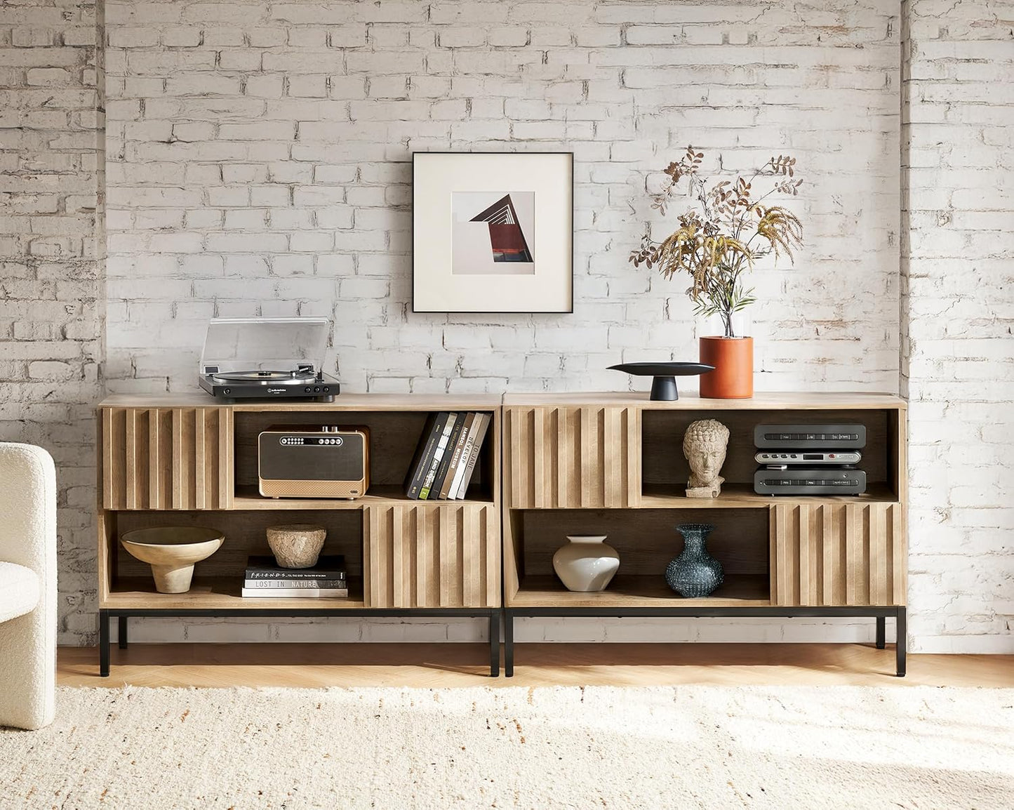 Norwin Storage Cabinet, Modern Rustic Industrial Buffet Sideboard, Accent Console Credenza, Fluted Panel Doors, Adjustable Shelves, Sturdy Metal Legs with Leveler (Oak Fluted Entryway, Single)