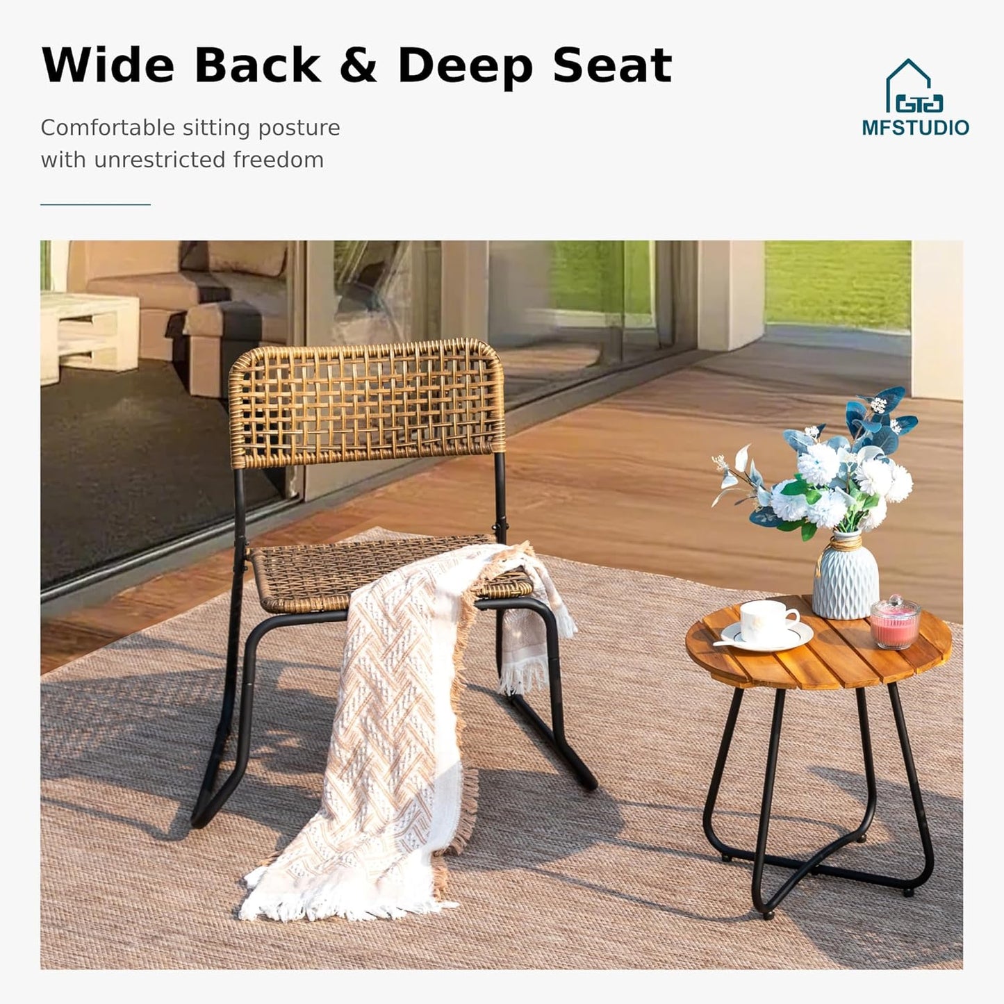 3 Pieces Bistro Wicker Patio Set for 2, Outdoor Wood Bistro Table and Chairs Set of 2, Small Outdoor Dining Seating Sets for 2, Yellow-Brown, Porch, Balcony