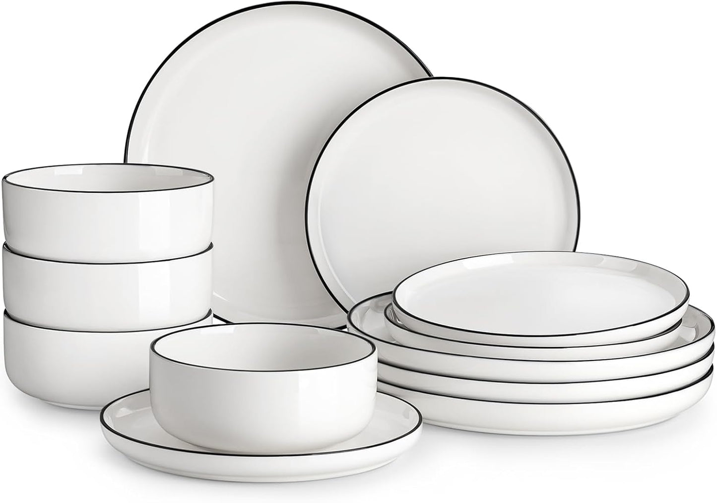 Modern Porcelain Dinnerware Set – White Ceramic Plates & Bowls with Black Rim