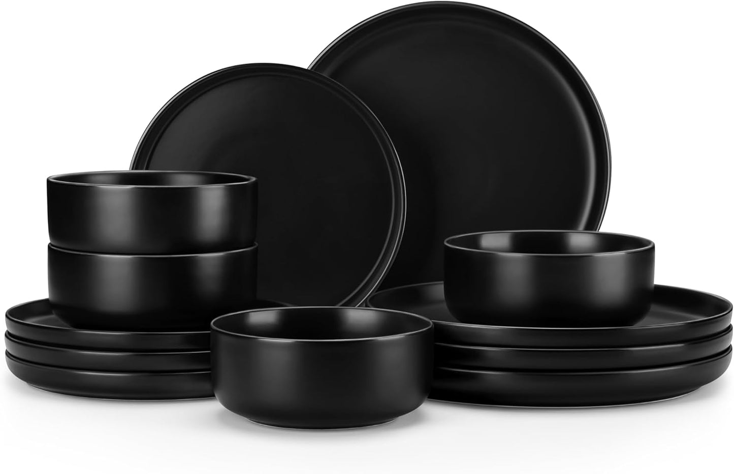 Modern Porcelain Dinnerware Set – White Ceramic Plates & Bowls with Black Rim