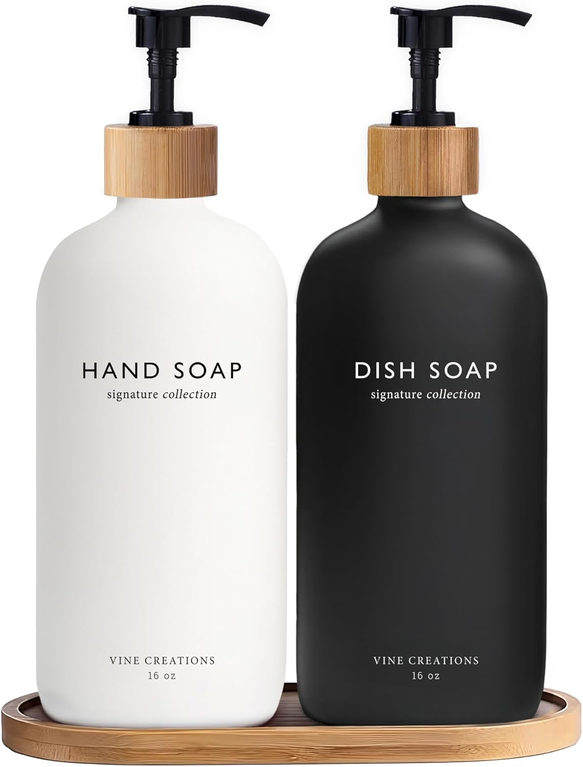 Amber Glass Soap Dispenser Set, Hand Soap and Dish Soap Dispenser Set with Bamboo Tray, 16 Oz Glass Dispensers Bottle for Kitchen and Bathroom Decor Modern Boho with Bamboo Pump (Amber)