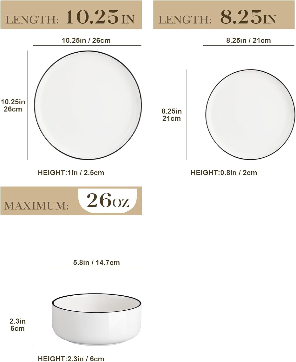 Modern Porcelain Dinnerware Set – White Ceramic Plates & Bowls with Black Rim