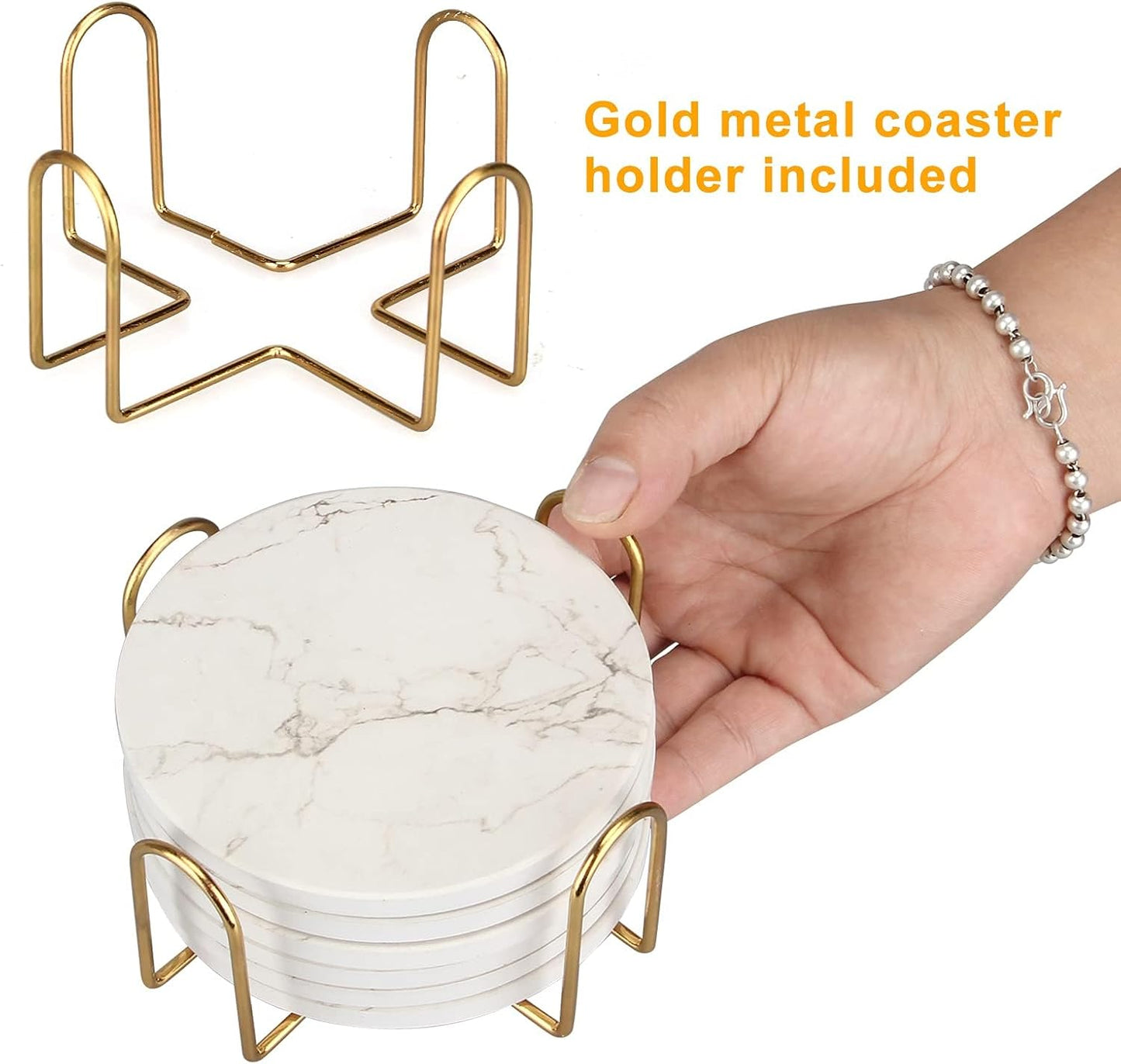 6 Pack White Marble Coaster Set with Holder Absorbent Drink Coasters Ceramic Cute Coaster Bar Dining Coffee Table Accessories Decor Gift Funny Cup Stone Modern Costers Cool Desk Beer Cork Coasters