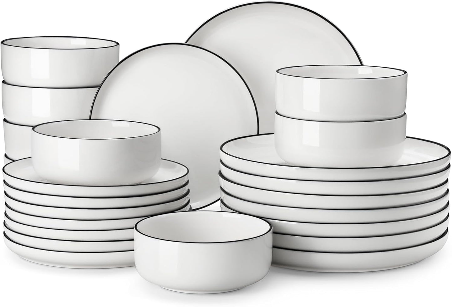 Modern Porcelain Dinnerware Set – White Ceramic Plates & Bowls with Black Rim