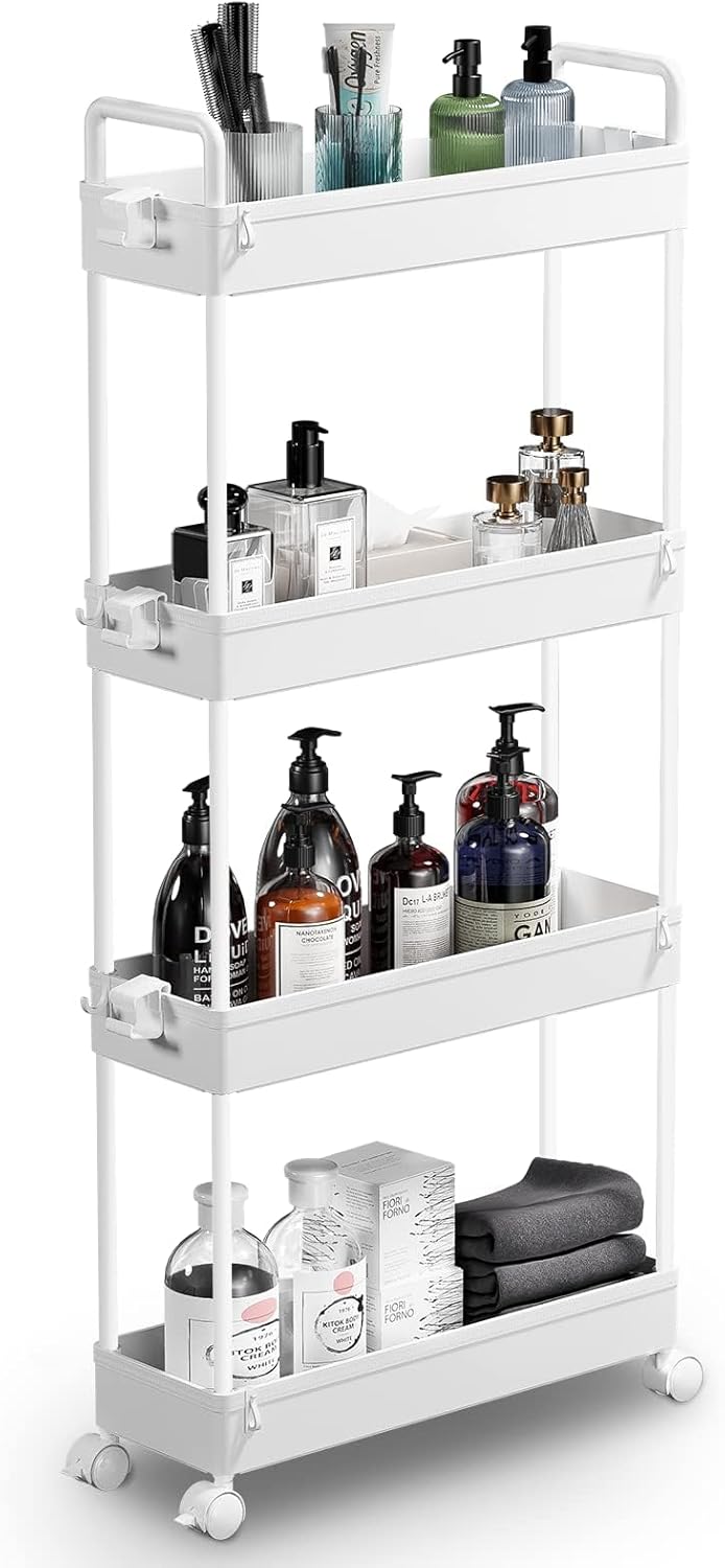 3 Tier Rolling Storage Cart with Wheels Slim Craft Nail Makeup Snack Art Baby Utility Cart Organizer on 2 Lockable Wheels for Bathroom Laundry Room Kitchen Bedside Narrow Spaces, White