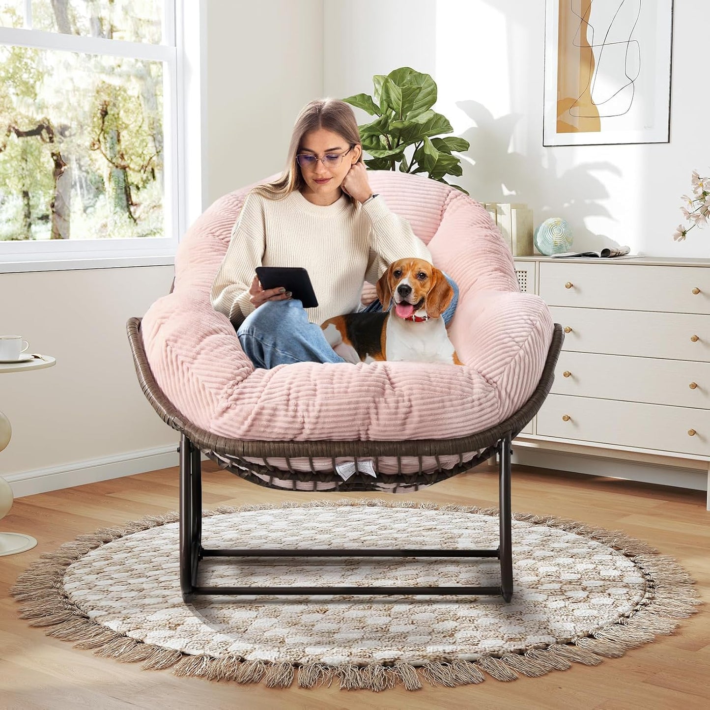 Large Indoor Outdoor Rocking Chair, Oversized Rocking Papasan Chair with Thick Cushion and Frame Outdoor Rocker, Comfy Wicker Egg Chairs Lounge for outside Porch Patio Backyard Balcony (Beige)