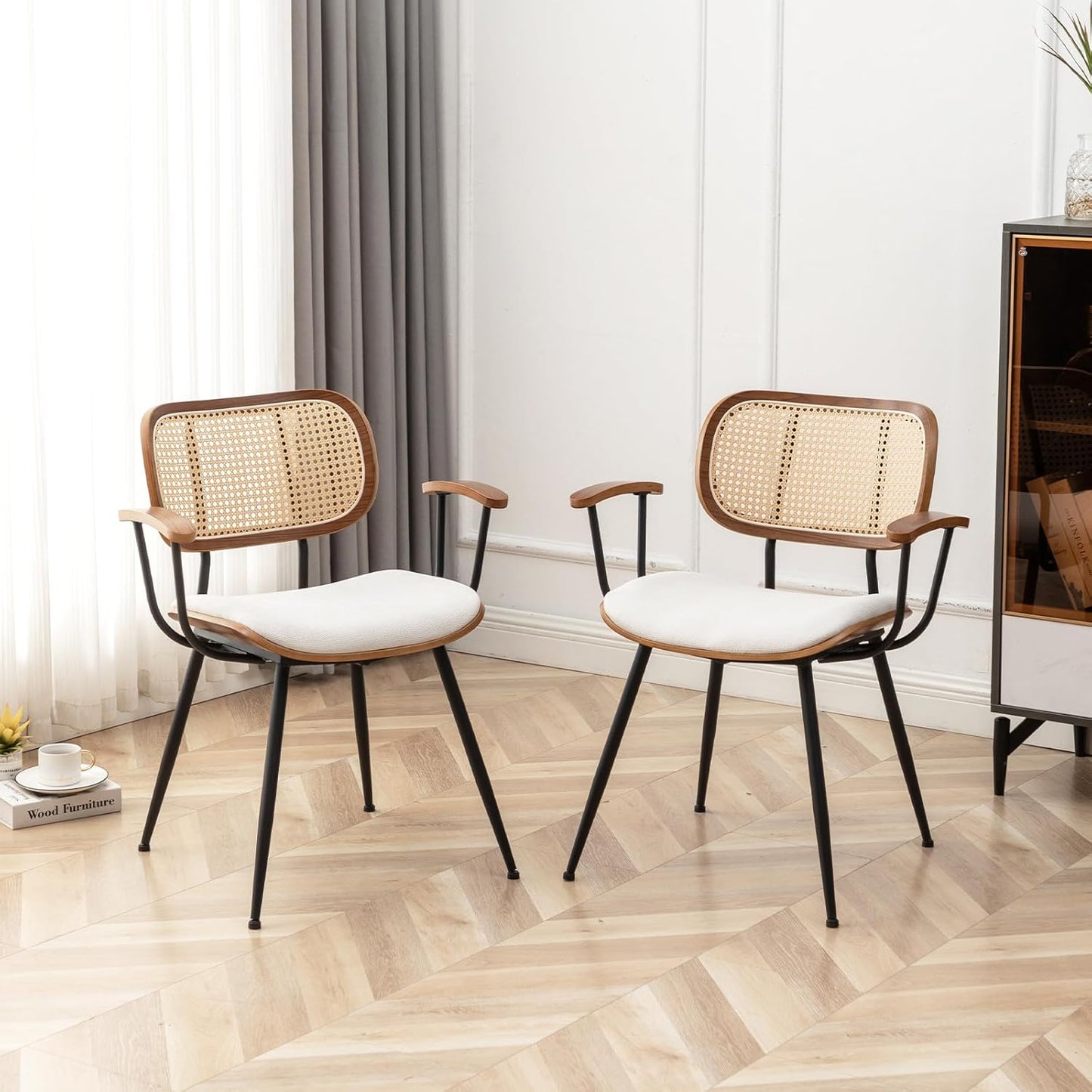 Rattan Dining Chairs Set of 2, Mid Century Modern Kitchen Side Chair, Metal Legs Desk Chair, Linen Fabric Accent Chair with Arms and Rattan Backrest, Beige