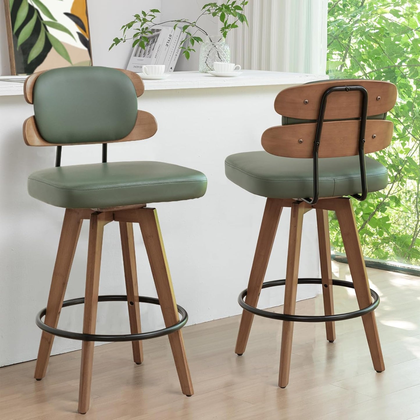 Set of 2 Counter Height Bar Stools - 26.4 Inch Swivel Stools with Walnut Craft, Faux Leather Upholstered Seat, Backs for Island/Kitchen (Walnut Green)