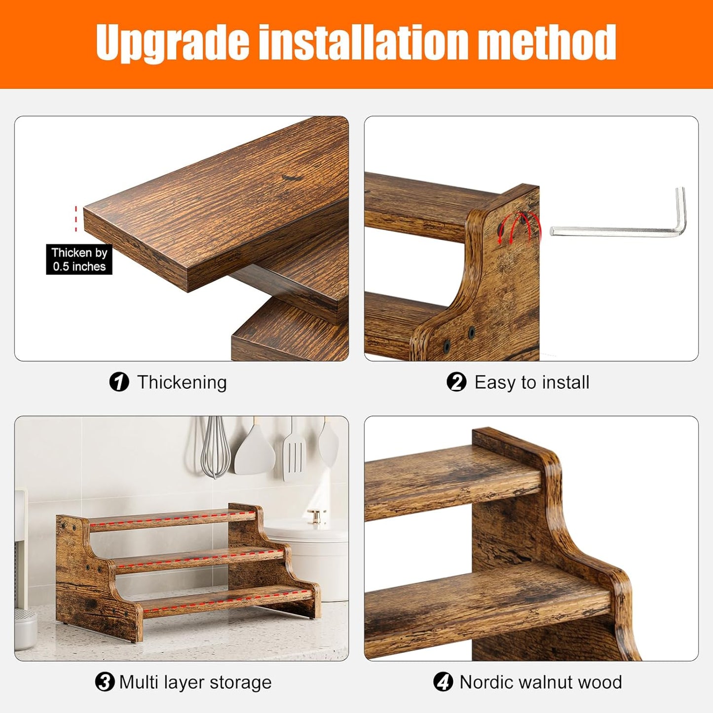 3-Tier Spice Rack, 13.8 Inch Wood Step Shelf Countertop Spice Storage Holder, Kitchen Pantry Cabinet Organizer Cupboard for Spice Bottles, Jars, Seasonings, Baking Supplies,Bathroom Organizer