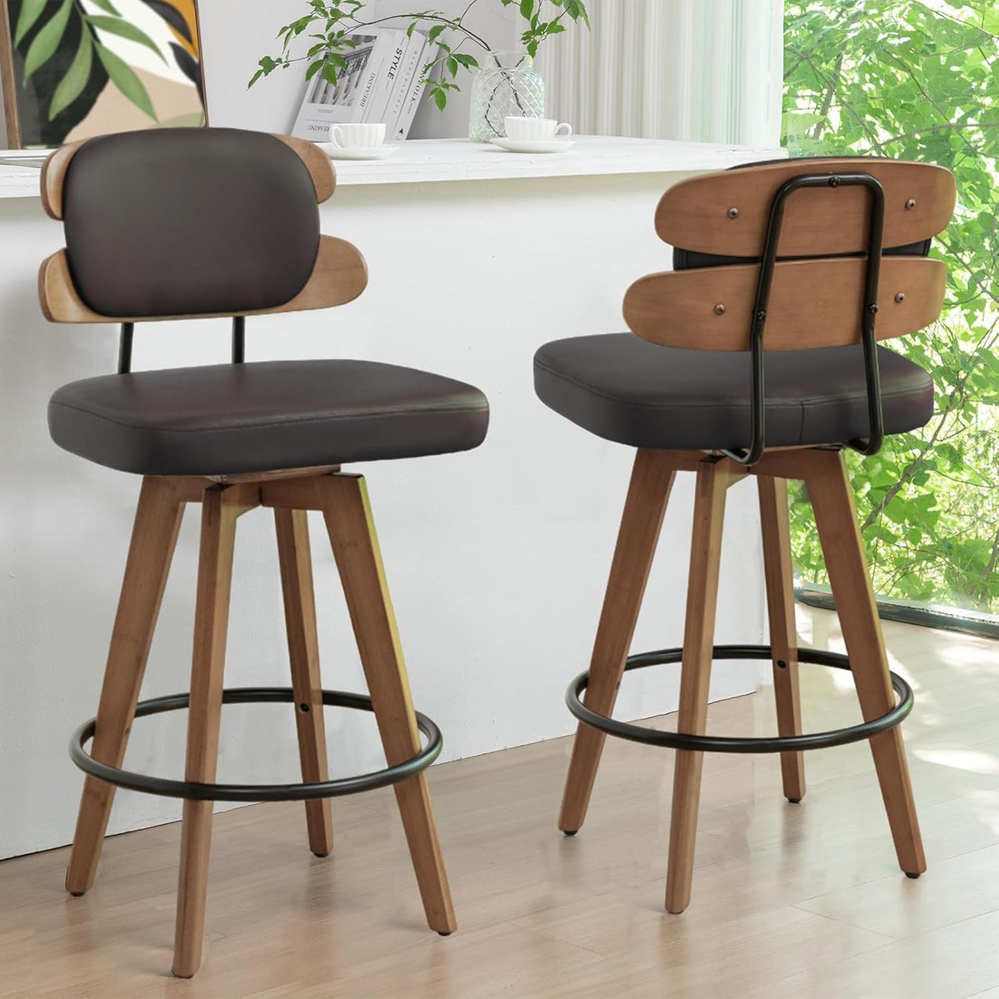 Set of 2 Counter Height Bar Stools - 26.4 Inch Swivel Stools with Walnut Craft, Faux Leather Upholstered Seat, Backs for Island/Kitchen (Walnut Green)