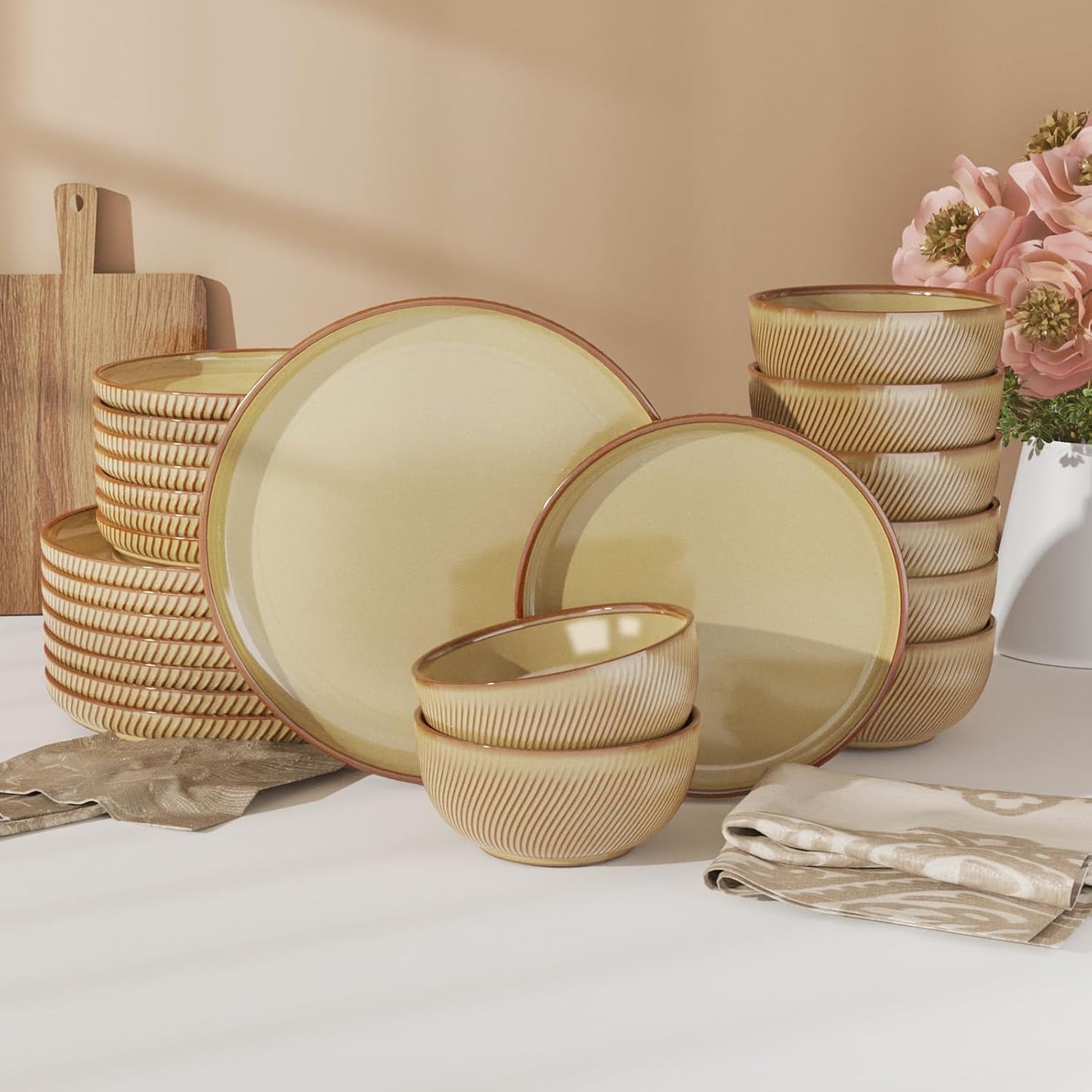 Stoneware Dinnerware Sets for 4, 12-Piece Scratch Resistant Plates and Bowls Set, Dishwasher and Microwave Safe Ceramic Dishes Set, Ribbed, Sculpted Dune