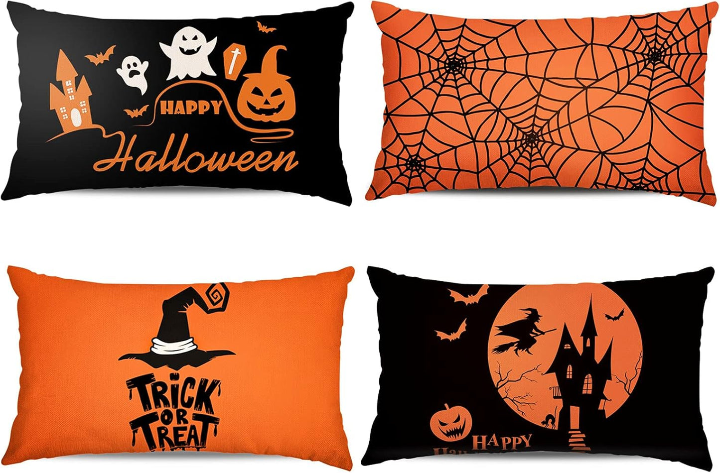 Halloween Pillow Case Large Orange and Black Pillow Cover 20" X 20" Happy Halloween Spider Ghost Pumpkin Linen Sofa Bed Throw Cushion Cover Decoration for Home Office, 4Pcs
