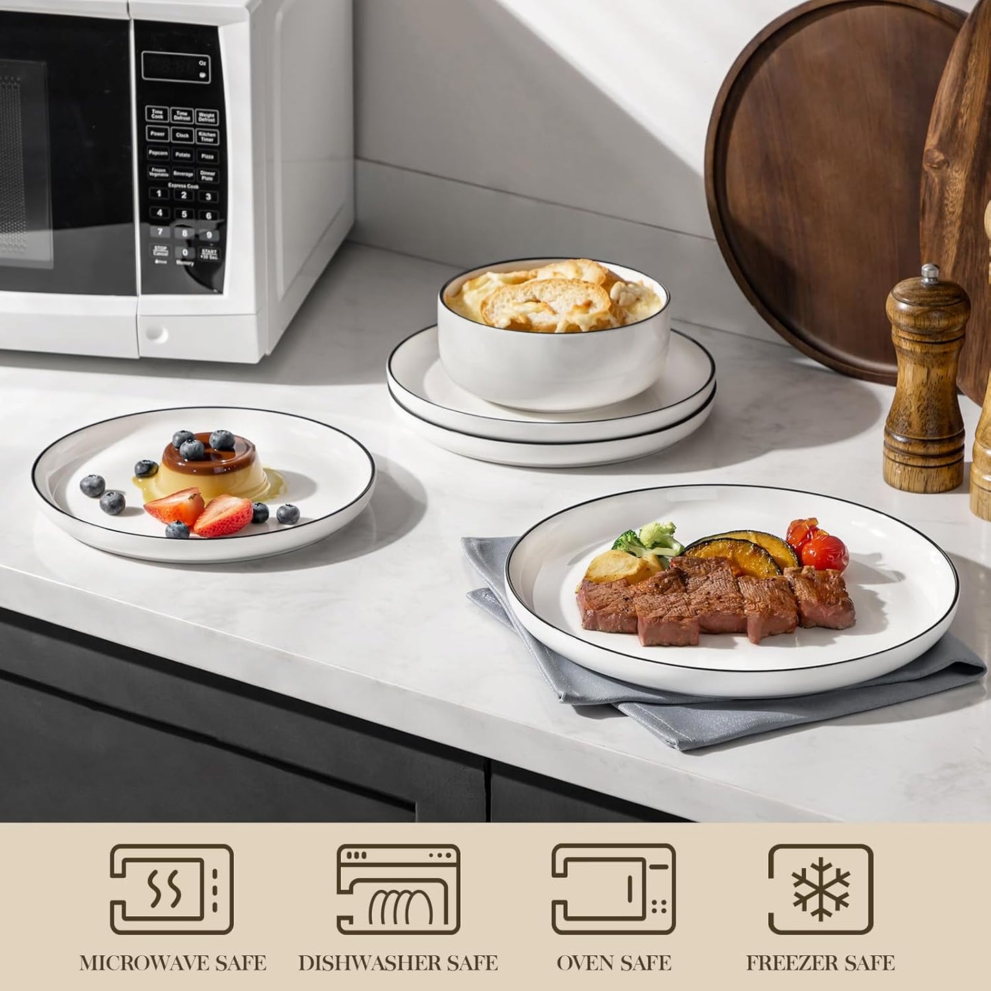 Modern Porcelain Dinnerware Set – White Ceramic Plates & Bowls with Black Rim