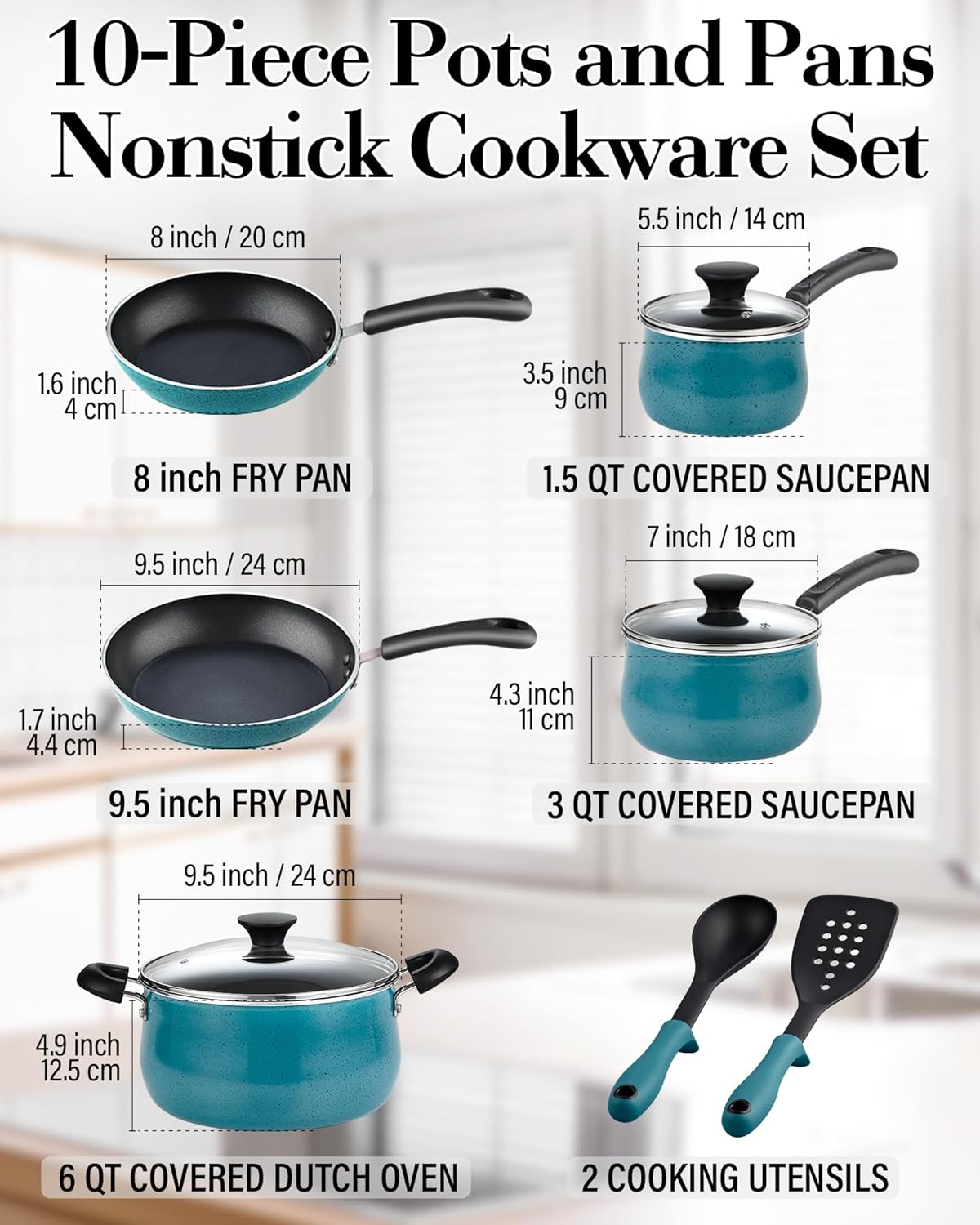 Pots and Pans Nonstick Cookware Set 10-Piece, Belly Shape Kitchen Cooking Set with Frying Pans and Saucepans, Induction Compatible, Turquoise