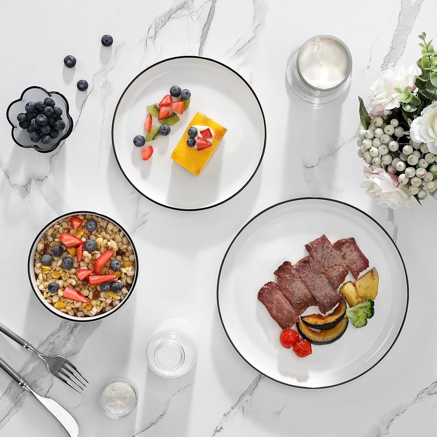 Modern Porcelain Dinnerware Set – White Ceramic Plates & Bowls with Black Rim
